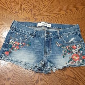A&F Embroidered Frayed Cut Off Denim Jean Shorts